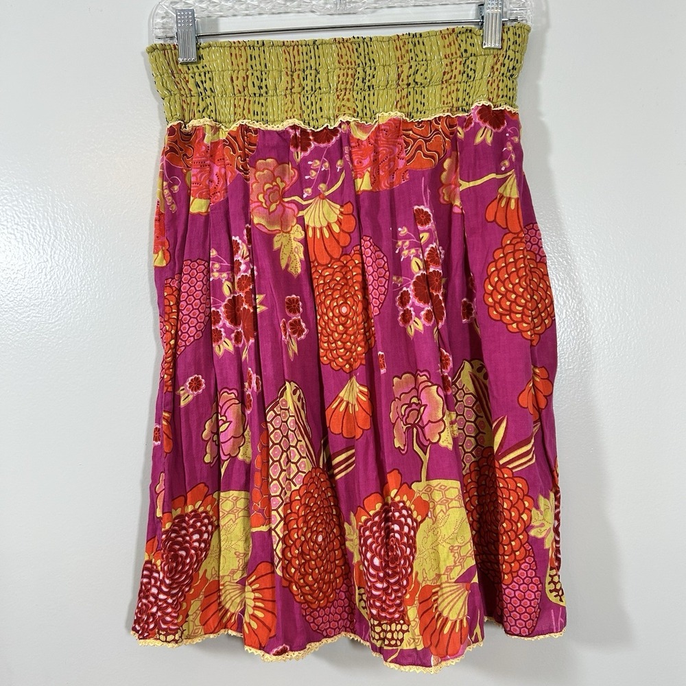 Karma Living Floral Cotton Skirt Hot Pink S/M Boho Hippy Smocked Waist - Picture 2 of 8
